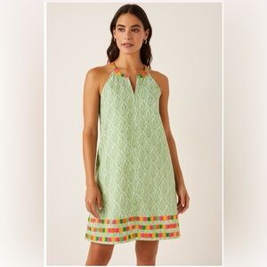 THML Sleeveless Halter Shift Dress Green and White Embroidered Size M